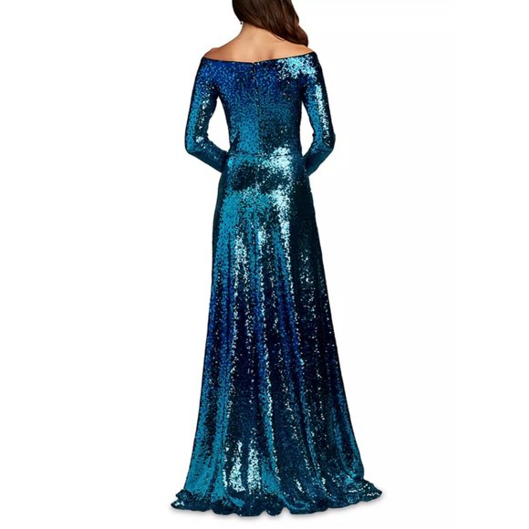 NWT Tadashi Shoji Metallic Long Sleeve Sequined Gown Dress Mystic Blue Ombre - Picture 2 of 2